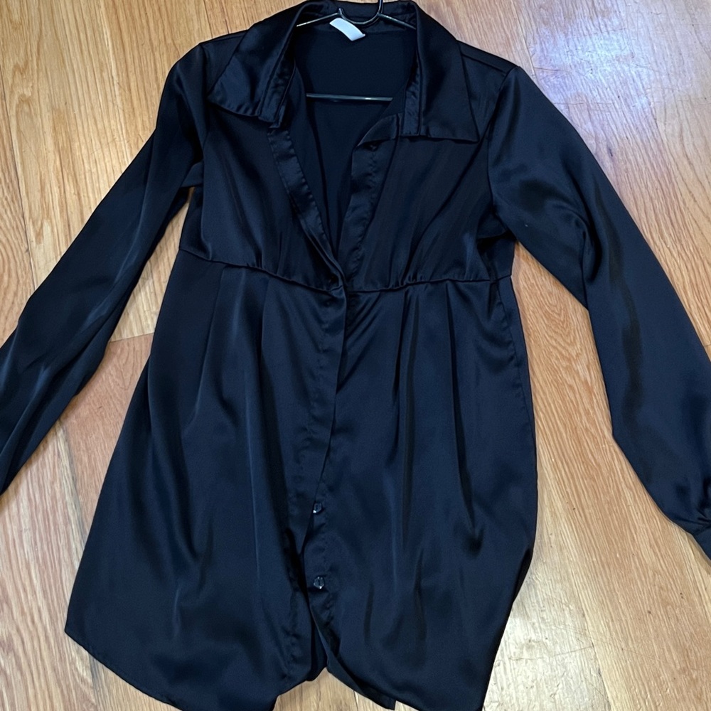 Black Satin Mini Blouse Dress